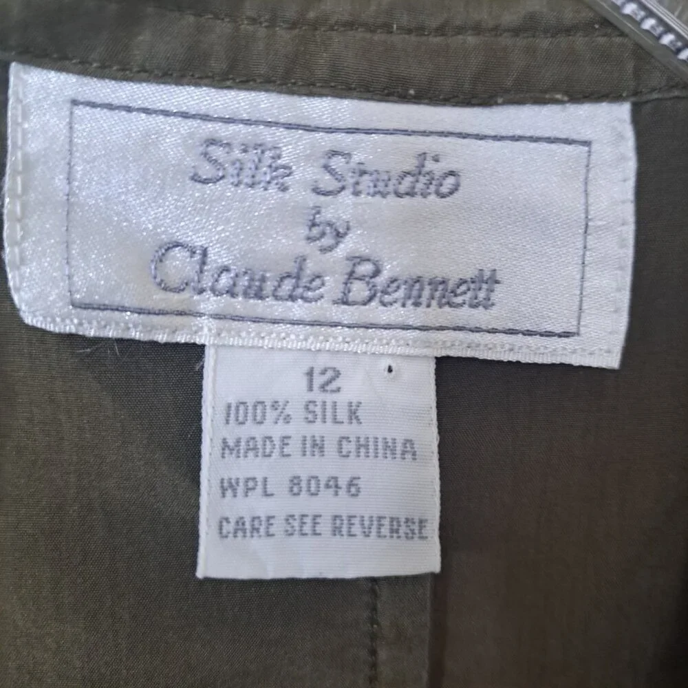 Silk Studio Claude Bennett 12 Olive Skirt Suit Open Jacket 100% Silk